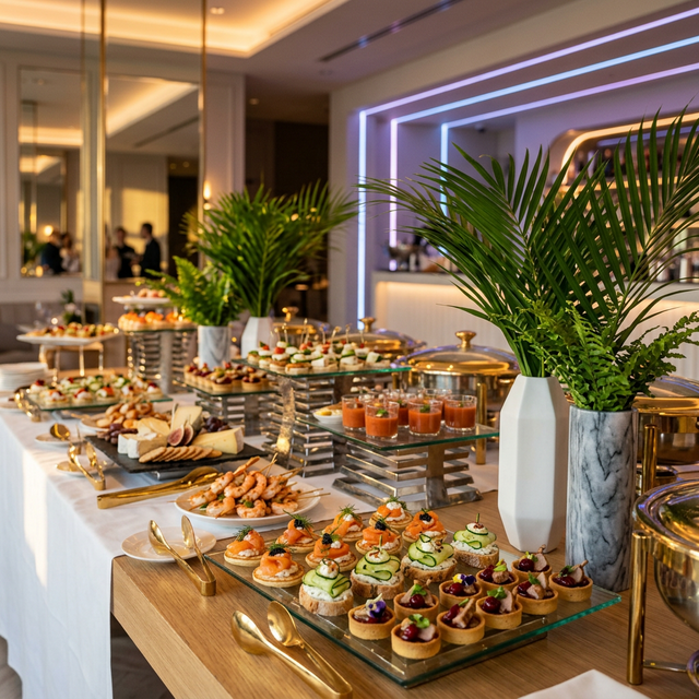 Luxurious buffet display with elegant canapés, appetizers and tropical palm décor in a high-end venue
