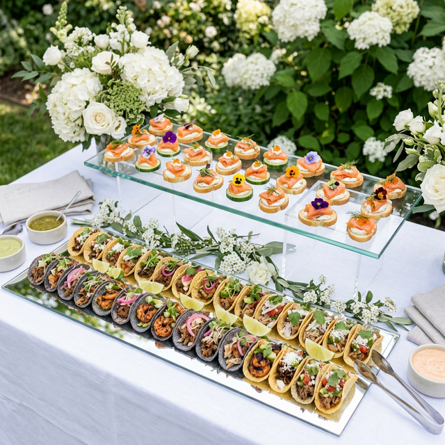 Elegant outdoor catering with gourmet mini tacos and salmon canapés on mirror trays with fresh flowers